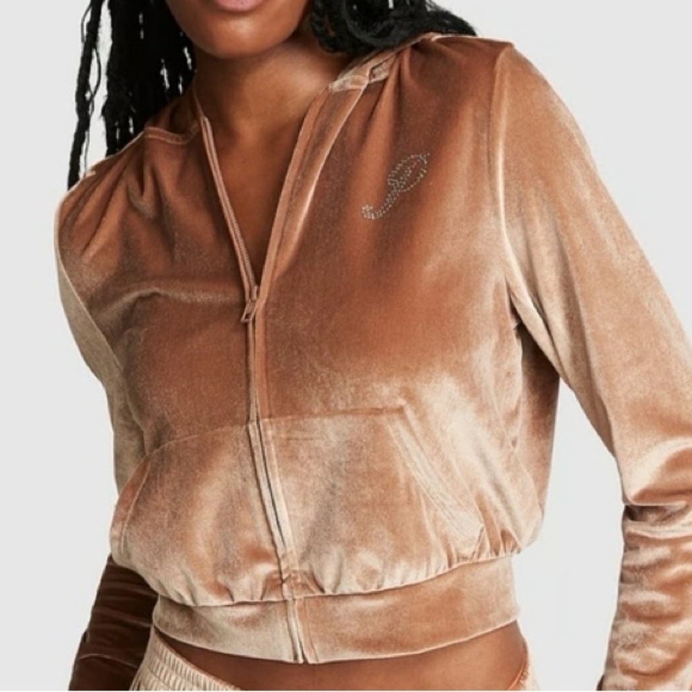 Victoria's Secret Velour Shine Logo Full-Zip Crop Hoodie Jacket Sweatshirt XXL